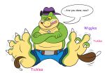  2024 4_toes alligator alligatorid anthro bottomwear brok_(brok_the_investigator) brok_the_investigator clothing cowcat_games crocodilian dialogue english_text feet green_body hat headgear headwear hi_res jolly_the_lizard male overweight overweight_male pants reptile scalie sitting solo text tickling tickling_feet toes 