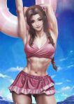  1girl absurdres aerith_gainsborough armpits arms_up blue_sky braid brown_hair final_fantasy final_fantasy_vii final_fantasy_vii_remake flower hair_flower hair_ornament highres innertube long_hair looking_at_viewer midriff monori_rogue sky smile solo stretching swim_ring swimsuit toned toned_female water 