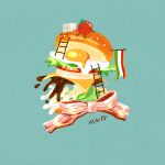  artist_name bacon burger cheese egg_(food) food food_focus fried_egg green_background issiki_toaki ladder lettuce mayonnaise meat no_humans onion original sauce tomato tomato_slice 