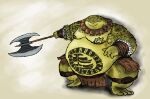  2020 amphibian anthro armor axe battle_axe beaded_jewelry beaded_necklace beads belly belly_overhang big_belly bottomwear bracers clothing comerboy75 crouching frog hi_res holding_object holding_weapon jewelry knee_pads loincloth male markings moobs necklace obese obese_anthro obese_male overweight overweight_anthro overweight_male simple_background solo tattoo tribal tribal_markings tribal_tattoo weapon 