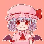  ascot bangs batta_(ijigen_debris) blue_hair blush chibi dress fang fang_out hat looking_at_viewer mob_cap pink_background pink_dress puffy_short_sleeves puffy_sleeves red_eyes red_neckwear remilia_scarlet short_hair short_sleeves simple_background smile solo touhou upper_body v wings wristband 