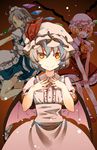  apron atoki bat_wings blonde_hair blue_eyes blue_hair braid crystal dress flandre_scarlet grey_hair hat highres izayoi_sakuya looking_at_viewer maid maid_apron maid_headdress mob_cap multiple_girls neckerchief open_mouth orange_eyes remilia_scarlet short_hair silver_hair skirt smile touhou twin_braids wings yellow_eyes 