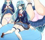  allie_(granblue_fantasy) aqua_eyes aqua_hair blazer blush contemporary dress_shirt from_below granblue_fantasy hair_ornament jacket looking_at_viewer p-chan_(mitsuta52) panties pink_panties plaid plaid_skirt pointy_ears shirt sitting skirt skirt_lift smile solo thighhighs underwear white_legwear 