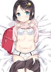  backpack bag bangs bed_sheet black_hair black_skirt blue_eyes bow bow_bra bow_panties bra closed_mouth clothes_lift commentary_request eyebrows_visible_through_hair gyuunyuu_nomio hair_ornament hairclip hands_on_own_chest head_tilt highres joshi_shougakusei_hajimemashita lifted_by_self lying navel on_back panties pink_sweater pleated_skirt print_bra print_panties randoseru short_hair skirt skirt_pull smile solo star star_hair_ornament star_print sweater sweater_lift thigh_gap underwear white_bra white_panties yumekawa_ruru 