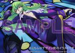  bangs black_gloves breasts c.c. cleavage code_geass cosplay cravat gloves gloves_removed green_hair headwear_removed helmet helmet_removed highres long_hair long_sleeves looking_at_viewer lying official_art on_back open_clothes parted_lips sample shiny shiny_hair single_glove small_breasts solo stained_glass untied yellow_eyes zero_(code_geass) zero_(code_geass)_(cosplay) 