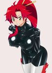  absurdres bodysuit boots breasts clenched_teeth covered_nipples cowboy_shot highres large_breasts latex long_hair ponytail red_hair ryuney skin_tight solo sweat teeth tengen_toppa_gurren_lagann thigh_boots thighhighs yellow_eyes yoko_littner 