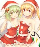  &gt;:) :d absurdres alternate_costume bare_arms bare_shoulders blonde_hair bow breasts cleavage collarbone commentary_request flandre_scarlet green_eyes green_hair hair_bow hat highres holding holding_sack komeiji_koishi looking_at_viewer medium_breasts multiple_girls nenobi_(nenorium) open_mouth pom_pom_(clothes) red_bow sack santa_costume santa_hat short_hair side_ponytail small_breasts smile strapless thighhighs touhou v-shaped_eyebrows white_legwear wings zettai_ryouiki 