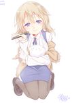  :&gt; angora_rabbit animal aoyama_blue_mountain artist_name bangs black_footwear black_legwear blonde_hair blue_eyes blue_neckwear blue_ribbon blue_skirt breasts bunny closed_mouth collared_shirt commentary_request dated eyebrows_visible_through_hair fountain_pen full_body gochuumon_wa_usagi_desu_ka? hair_between_eyes hetareeji highres holding holding_animal knees_together_feet_apart loafers long_hair long_sleeves looking_at_viewer medium_breasts neck_ribbon pantyhose pen pencil_skirt ribbon shawl shirt shoes signature simple_background sitting skirt smile tippy_(gochiusa) wariza white_background white_shirt wing_collar 