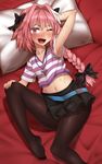  1boy ;d armpits astolfo_(fate) bangs belt black_bow black_pantyhose black_skirt blush bow braid collarbone eyebrows_visible_through_hair fate/apocrypha fate_(series) from_above hair_between_eyes hair_bow hand_on_own_knee long_hair looking_at_viewer lying male_focus midriff navel necklace nt00 on_back one_eye_closed open_mouth pantyhose patreon_reward pillow pink_eyes pleated_skirt short_sleeves single_braid skirt solo streaked_hair striped striped_shirt sweat trap v-shaped_eyebrows white_hair 