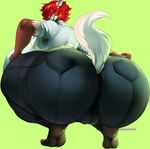  2017 anthro big_butt butt camel_toe canine clothing digital_media_(artwork) dog female green_background grin hair_over_eyes huge_butt looking_at_viewer looking_back mammal oracle_(vhsdaii) sharp_teeth sheepdog simple_background smile solo teeth thick_thighs vhsdaii 
