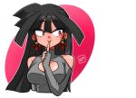  1girl bell black_hair blush chinese_knot cleavage_cutout clothing_cutout commentary grey_sweater index_finger_raised jingle_bell jingle_bell_earrings long_hair looking_to_the_side original parted_bangs polka_dot polka_dot_background red_background red_eyes shoulder_cutout solo sweater symbol-only_commentary upper_body wanta_(futoshi) white_background 