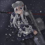  belt black_legwear black_skirt blue_eyes bucket camouflage_jacket earmuffs fishing_rod flat_cap gun hammer_and_sickle hat hibiki_(kantai_collection) highres kantai_collection long_hair machinery night pantyhose pleated_skirt pps-43 redundant-cat school_uniform serafuku silver_hair skirt smokestack snow snowing solo star submachine_gun verniy_(kantai_collection) weapon white_hat 