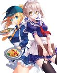  :o ahoge alternate_costume apron artoria_pendragon_(all) baseball_cap black_legwear blonde_hair blue_eyes blush breasts dutch_angle fate/grand_order fate_(series) floating_hair food food_request from_below garter_straps glasses hair_between_eyes hair_through_headwear hat holding long_hair long_sleeves looking_at_viewer maid maid_apron maid_headdress menu multiple_girls mysterious_heroine_x mysterious_heroine_x_(alter) necktie nonono omurice open_mouth ponytail puffy_sleeves rojiura_satsuki:_chapter_heroine_sanctuary shadow short_hair short_sleeves shorts sidelocks signature simple_background small_breasts thighhighs tray white_background yellow_eyes zettai_ryouiki 