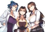  3girls adjusting_eyewear blue_eyes blue_hair breasts brown_hair character_request cleavage cross cross_necklace crossed_arms front-tie_top glasses hands_in_pockets huge_breasts jewelry labcoat long_hair looking_at_viewer mature multiple_girls necklace pendant purple_eyes ragnarok_online semi-rimless_eyewear short_ponytail under-rim_eyewear updo white_background xration 