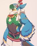  arabian_clothes arm_at_side armlet blush brown_background brown_eyes feathers flying_sweatdrops furry hand_on_hip kass looking_at_viewer male_focus meganemido rito scarf see-through signature simple_background standing the_legend_of_zelda the_legend_of_zelda:_breath_of_the_wild white_scarf 