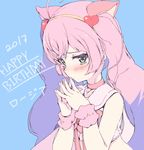  2017 ahoge animal_ears bangs bare_shoulders blue_background blush cat_ears character_name choker closed_mouth crop_top crossed_bangs eyebrows eyelashes fingernails fingers_together green_eyes hair_between_eyes hairband happy_birthday heart kogen long_hair nail_polish pink_choker pink_hair pink_nails rosia_(show_by_rock!!) sailor_collar shirt show_by_rock!! simple_background sleeveless sleeveless_shirt solo sparkle tears twintails upper_body white_shirt wristband yellow_hairband 