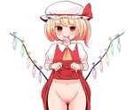  ascot batta_(ijigen_debris) blonde_hair censored commentary_request condom condom_belt condom_wrapper cowboy_shot dress dress_lift eyebrows_visible_through_hair flandre_scarlet hat heart heart-shaped_pupils heart_censor highres lifted_by_self looking_at_viewer mob_cap mouth_hold navel panties puffy_short_sleeves puffy_sleeves pussy red_dress red_eyes short_hair short_sleeves simple_background smile solo standing symbol-shaped_pupils touhou underwear used_condom white_background wrist_cuffs yellow_neckwear 