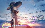  apron blue_hair blue_sky cloud commentary_request food fruit hat highres hinanawi_tenshi light_particles long_hair looking_at_viewer mifuru neck_ribbon peach red_eyes ribbon skirt sky smile solo sword sword_of_hisou touhou twilight weapon 