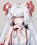  antenna_hair bangs blood blood_from_mouth blood_on_face bloody_clothes bloody_hands blue_hair bow collared_shirt commentary_request dress_shirt eyebrows_visible_through_hair frown fujiwara_no_mokou furrowed_eyebrows grey_background grey_shirt hair_bow hakuro109 highres long_hair looking_at_viewer parted_lips pink_eyes shirt simple_background solo suspenders touhou wing_collar wiping_mouth 