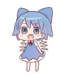  :d barefoot batta_(ijigen_debris) blue_bow blue_dress blue_eyes blue_hair blush bow chibi cirno collared_dress dress full_body hair_bow ice looking_at_viewer neck_ribbon open_mouth red_neckwear red_ribbon ribbon short_sleeves smile solo standing touhou upper_teeth 