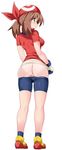  00s 1girl ass bad_id bandanna bike_shorts bike_shorts_pull blue_eyes blush breasts brown_hair endou_masatoshi erect_nipples from_behind full_body gloves haruka_(pokemon) hat highres medium_breasts photoshop pokemon pokemon_(game) pokemon_rse shoes sneakers solo two_side_up 