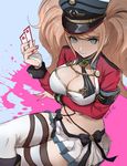  armband artist_name bangs black_bow black_hat black_neckwear blood blue_background blue_eyes bow breasts cleavage cleavage_cutout crossed_legs danganronpa danganronpa_1 emblem enoshima_junko eyebrows_visible_through_hair hat large_breasts long_hair long_sleeves looking_at_viewer miniskirt nail_polish navel necktie orange_hair peaked_cap pleated_skirt qosic red_nails sengoku_asuka_zero sidelocks sitting skirt solo stomach striped striped_neckwear swept_bangs thighhighs tsurime twintails uniform vertical_stripes very_long_hair white_legwear white_skirt zettai_ryouiki 