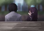  1girl ageha_(ray-k) black_hair blurry blurry_background commentary day eyepatch from_behind long_hair looking_at_another original outdoors purple_hair ray-k red_eyes 