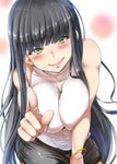  bangs bare_shoulders black_hair black_legwear blunt_bangs blush bracelet breasts earrings jewelry large_breasts looking_at_viewer original pantyhose pencil_skirt pointing pointing_at_viewer simple_background skirt sleeveless smile solo usyuuri white_background yellow_eyes 