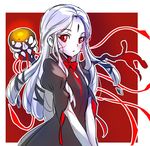  :o albino bangs blush bow bowtie braid commentary_request eyebrows_visible_through_hair facial_mark forehead_mark glowing grimm iesupa jellyfish long_hair looking_at_viewer parted_bangs puffy_short_sleeves puffy_sleeves red_background red_eyes rwby salem_(rwby) seer_(rwby) short_sleeves simple_background standing tentacles upper_body v_arms veins white_hair white_skin younger 