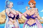  2girls areolae blue_hair blush breast_expansion breasts brown_eyes bursting_breasts curvy greengiant2012 huge_breasts long_hair multiple_girls nami_(one_piece) navel nefertari_vivi nipples one_eye_closed one_piece open_mouth orange_hair short_hair standing tagme wide_hips 