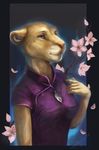  2017 5_fingers antanariva anthro digital_media_(artwork) feline female flower fur lion mammal plant purple_eyes smile solo tan_fur 