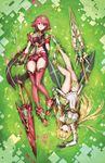  athenawyrm blonde_hair breasts cleavage commentary_request flower from_above grass hair_ornament hikari_(xenoblade_2) homura_(xenoblade_2) impossible_clothes large_breasts long_hair lying multiple_girls on_back red_hair short_hair short_shorts shorts sword thighhighs weapon xenoblade_(series) xenoblade_2 