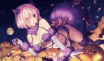  animal_ears blurry blush breasts candy cleavage dangerous_beast depth_of_field dutch_angle elbow_gloves eyebrows_visible_through_hair eyes_visible_through_hair fate/grand_order fate_(series) fingernails fisheye food full_moon fur_trim gloves hair_over_one_eye jack-o'-lantern large_breasts mash_kyrielight moon navel night o-ring o-ring_top outdoors parted_lips pink_hair purple_eyes purple_gloves purple_legwear revealing_clothes rosuuri sharp_fingernails short_hair solo tail thighhighs 