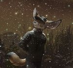  anthro big_ears canine clothed clothing detailed_background digital_media_(artwork) fennec fox fur grey_nose koul male mammal outside snow snowing solo tan_fur 
