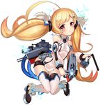  2drr :o ahoge azur_lane bangs bare_shoulders black_footwear blonde_hair blunt_bangs blush breasts cable character_name collarbone detached_sleeves eldridge_(azur_lane) electricity eyebrows_visible_through_hair facial_mark floating_hair full_body glint gradient_eyes hair_ornament hairclip halterneck heart highres holding holding_weapon huge_ahoge knees_together_feet_apart long_hair long_sleeves looking_at_viewer multicolored multicolored_eyes parted_bangs pink_pupils red_eyes shiny shiny_hair shoes simple_background small_breasts solo thighhighs torpedo turret twintails very_long_hair weapon white_background white_legwear yellow_eyes 
