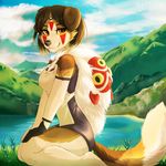  anthro brown_eyes brown_fur canine clothed clothing face_paint female fluffy fluffy_tail forest freckles fur ghibli hi_res jewelry kneeling lake looking_at_viewer mammal mask nature nayel-ie necklace outside plant princess_mononoke san_(princess_mononoke) solo solo_focus sunny tan_fur tree water 