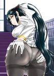  angry ass ass_grab atchy azur_lane bangs bent_over black_hair blurry blurry_background blush bow brown_eyes cowboy_shot depth_of_field from_behind gloves grey_legwear gusset hair_bow hair_flaps highres indoors jacket lifted_by_self light_frown long_hair long_sleeves looking_at_viewer looking_back military military_uniform miniskirt panties panties_under_pantyhose pantyhose parted_lips pleated_skirt ponytail skirt skirt_lift solo stairs standing takao_(azur_lane) thighband_pantyhose underwear uniform v-shaped_eyebrows white_bow white_gloves white_jacket white_panties white_skirt 