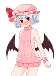  bare_arms bare_shoulders batta_(ijigen_debris) blue_hair blush commentary_request contrapposto cowboy_shot embarrassed eyebrows_visible_through_hair fang fang_out hat head_tilt highres looking_at_viewer low_wings meme_attire mob_cap nose_blush pink_hat pink_sweater red_eyes remilia_scarlet ribbed_sweater short_hair simple_background solo standing sweater touhou virgin_killer_sweater white_background wings wrist_cuffs 