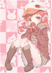  argyle blush boots brown_jacket brown_legwear brown_scarf brown_skirt buttons checkered closed_mouth commentary_request convenient_leg covering_mouth gloves gochuumon_wa_usagi_desu_ka? hair_ornament hair_scrunchie hat hetareeji highres jacket knees_together_feet_apart long_hair looking_at_viewer low_twintails mittens natsu_megumi outline pink_scrunchie plaid plaid_scarf pleated_skirt red_eyes red_gloves red_hair scarf scrunchie sitting skirt smile solo twintails two-tone_background upskirt wavy_hair white_hat white_outline 