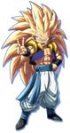  10s 1boy abs aqua_eyes arc_system_works blonde_hair blue_eyes dragon_ball dragon_ball_fighter_z dragon_ball_fighterz dragonball_z epic full_body fusion gotenks long_hair male_focus muscle no_eyebrows open_mouth saiyan smile solo spiked_hair super_saiyan_3 very_long_hair vest wristband 