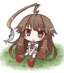  ahoge animal bangs between_legs blush brown_eyes brown_hair commentary eyebrows_visible_through_hair fang fish grass grey_footwear hand_between_legs kantai_collection komakoma_(magicaltale) kuma_(kantai_collection) long_hair looking_away on_grass parted_lips school_uniform serafuku shirt shoes short_shorts short_sleeves shorts sitting solo v_arms very_long_hair white_shirt white_shorts 