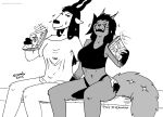  2023 antelope bodily_fluids bovid bovine breasts butt butt_grab clothed clothing domestic_cat duo english_text eyes_closed felid feline felis female fur gloves_(marking) greyscale hair hand_on_butt heat_(temperature) horn magazine mammal markings miss_thompson_(tegerio) monochrome navel shirt spiral-horned_antelope sweat tank_top tegerio text topwear veronika_ozvezdje 