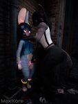  2024 3d_(artwork) animal_genitalia anthro balls band-aid band-aid_on_face bandage bandage_on_face black_hair blue_body blue_fur blush bottomless bottomwear breasts clothed clothing collar digital_media_(artwork) dominant dominant_female duo fangs female footwear fur genitals glowstick glowstick_bracelet glowstick_necklace grin hair hand_on_shoulder handjob hi_res humanoid_genitalia humanoid_penis hyena lagomorph larger_female leporid looking_at_another male male/female mammal markings maxie_(maxkore) maxkore mia_(annoad) navel night outside pants paws penile penis penis_grab piercing public purple_eyes questionable_consent rabbit sex sheath shirt shoes shy signature size_difference smaller_male smile spots standing striped_markings stripes submissive submissive_male tail tank_top teeth topwear 