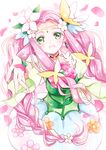  :d ayumaru_(art_of_life) bad_id bad_pixiv_id braid bubble_skirt colored_eyelashes cure_felice earrings flower flower_in_eye green_eyes hair_flower hair_ornament hanami_kotoha highres jewelry long_hair looking_at_viewer magical_girl mahou_girls_precure! open_mouth outstretched_hand petals pink_hair precure simple_background skirt smile solo symbol_in_eye twin_braids white_background white_skirt 
