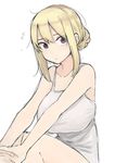  bare_arms bare_shoulders blonde_hair breasts camisole closed_mouth commentary_request eyebrows_visible_through_hair flying_sweatdrops hair_between_eyes highres kinpatsu-chan_(rucchiifu) large_breasts original purple_eyes rucchiifu short_hair simple_background sitting sketch solo stretch white_background 