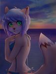  anthro bikini blue_hair breasts cat clothing feline female fluffy fluffy_tail fur green_eyes hair looking_at_viewer mammal multicolored_tail nayel-ie open_mouth outside sea solo star swimsuit tan_fur wardrobe_malfunction water whiskers 