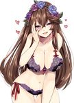  218 breasts brown_hair cleavage commentary_request flower granblue_fantasy hair_between_eyes hair_flower hair_ornament large_breasts long_hair looking_at_viewer navel purple_eyes rose rosetta_(granblue_fantasy) smile solo swimsuit 