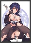  ass between_breasts black_legwear braid breasts censored deep_skin french_braid heart heart-shaped_pupils highres iron_saga katana large_breasts long_hair looking_at_viewer masturbation navel nipples no_bra no_panties object_insertion oboro_(iron_saga) pantyhose pointless_censoring pussy red_eyes sheath sitting skindentation smile solo stmaster sword symbol-shaped_pupils torn_clothes torn_legwear vaginal vaginal_object_insertion very_long_hair weapon 