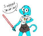  2017 4_fingers anthro blue_fur breasts button_(disambiguation) cartoon_network cat clothed clothing digital_media_(artwork) english_text eyelashes fangs feline female fully_clothed fur happy lightsaber looking_at_viewer lsw249 mammal mother nicole_watterson open_mouth open_smile parent pose shirt simple_background skirt smile solo standing star_wars text the_amazing_world_of_gumball weapon whiskers white_background 
