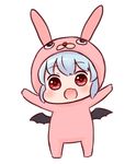  :d animal_costume arms_up bangs batta_(ijigen_debris) blue_hair bunny_costume chibi eyebrows_visible_through_hair fang full_body looking_at_viewer low_wings open_mouth red_eyes remilia_scarlet short_hair simple_background smile solo standing touhou white_background wings 